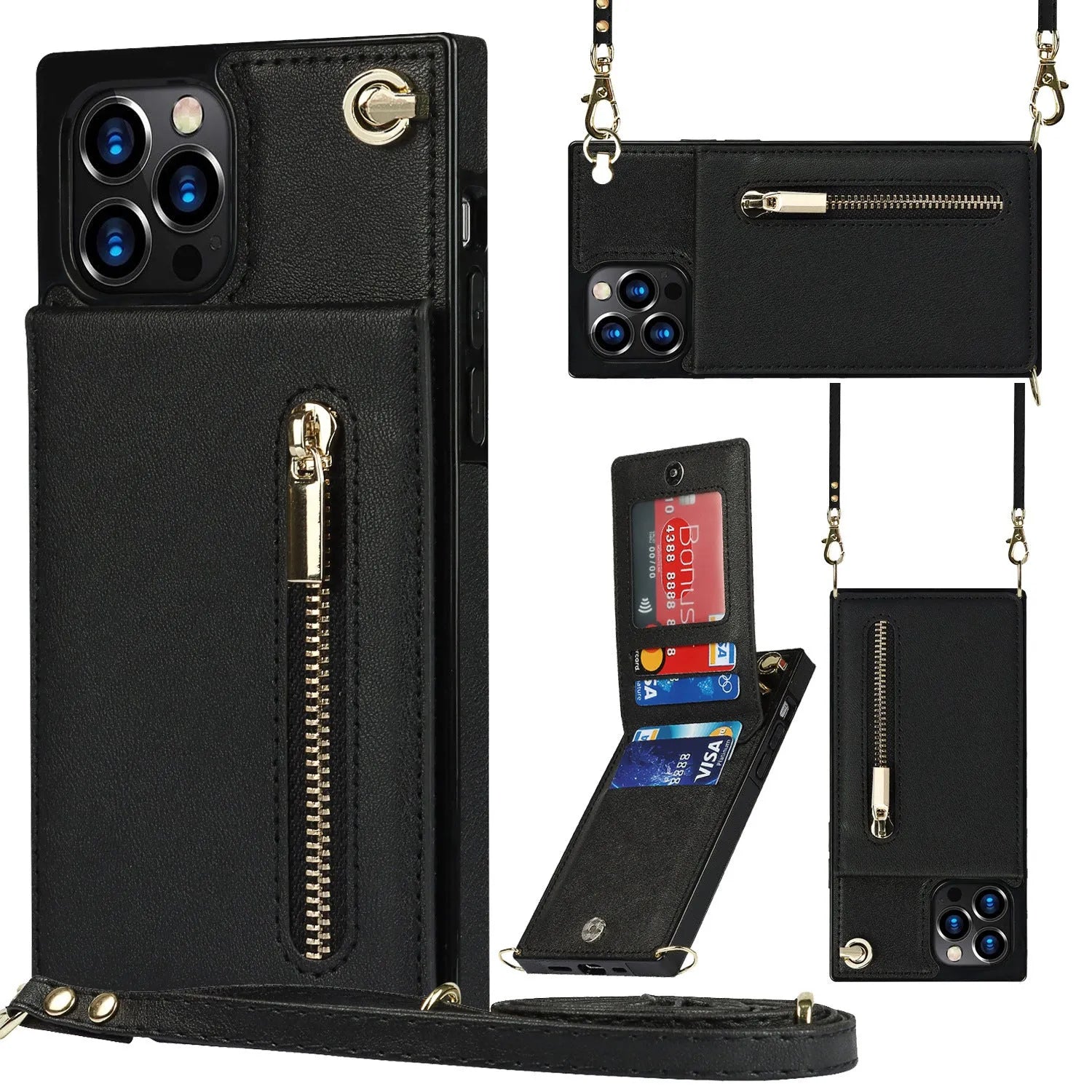 Black leather and TPU mobile phone case shown fitted on an iPhone 13 Pro.