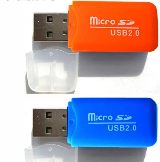 Mini USB TF and SD memory card reader with USB-A connector for computer file transfer