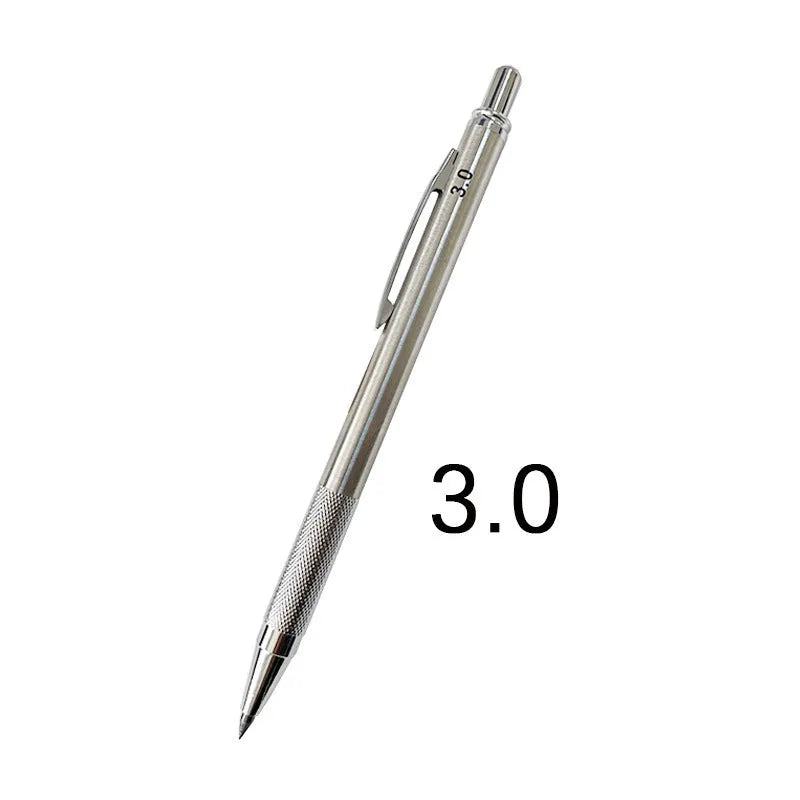 Metal automatic mechanical pencil showing lead size options from 0.3mm to 3.0mm for writing and drafting