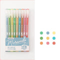 Set of nine retro colour gel pens with 0.5mm needle tips arranged in a pack.