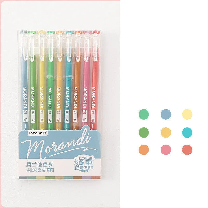 Set of nine retro colour gel pens with 0.5mm needle tips arranged in a pack.