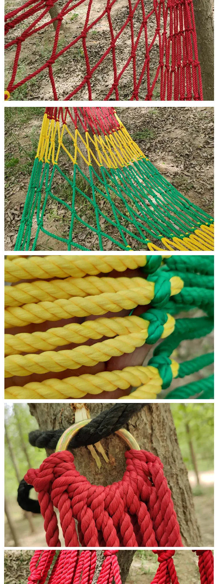 Outdoor bold style nylon rope mesh hammock shown in a garden setting