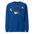 Blue men's loose fit round neck pullover sweater with solid colour and printed detail.