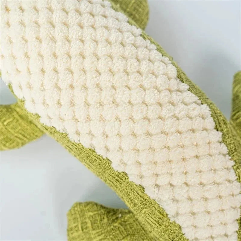 Blue, green, and red pet plush toy with corn grid texture for biting and chewing