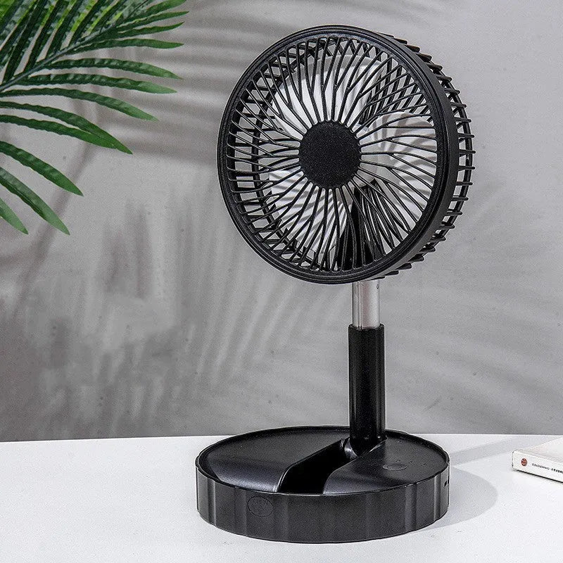 Black portable telescopic folding fan extended to full height showing oscillation function and power bank port