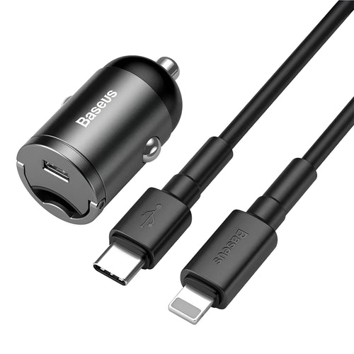Baseus electro-optical grey single USB 30W car charger with a 1 metre cable