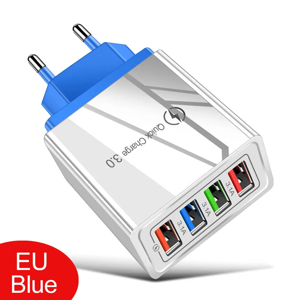 Intelligent 3A mobile phone charging head with luminous indicators showing four USB ports