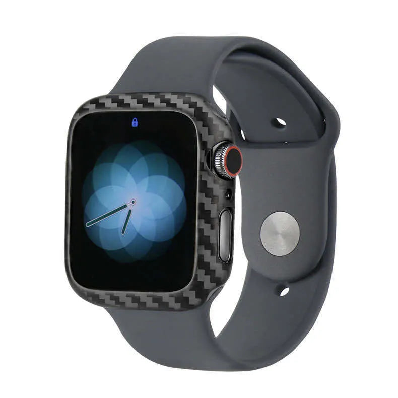 Apple Watch Series 4 half-wrap leather case in carbon fibre with bright black finish