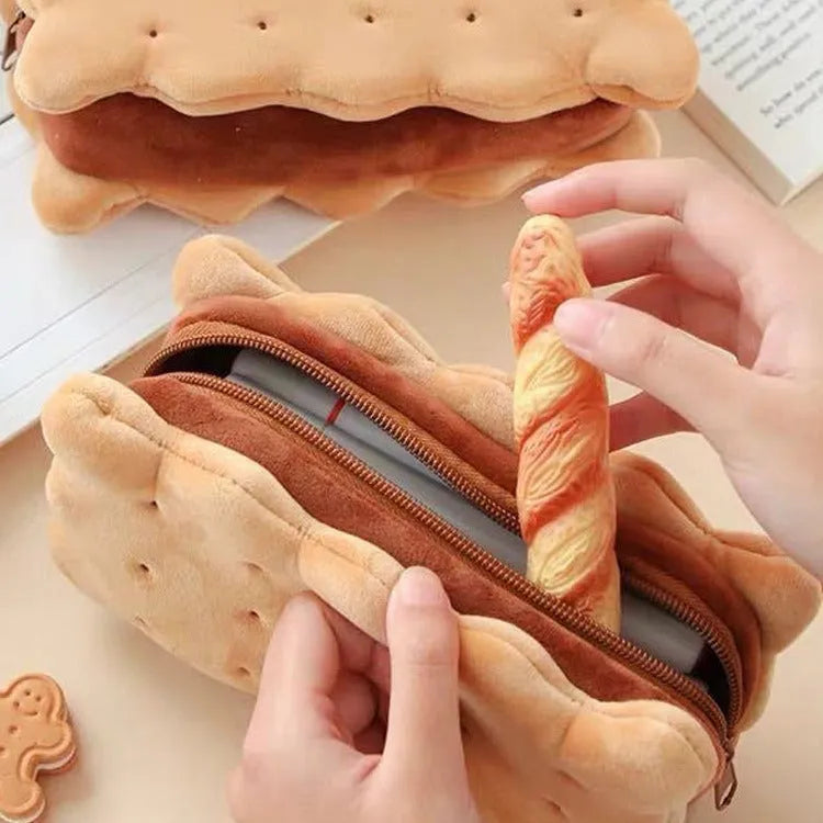 Plush sandwich biscuit pencil case in soft cartoon design for school stationery storage