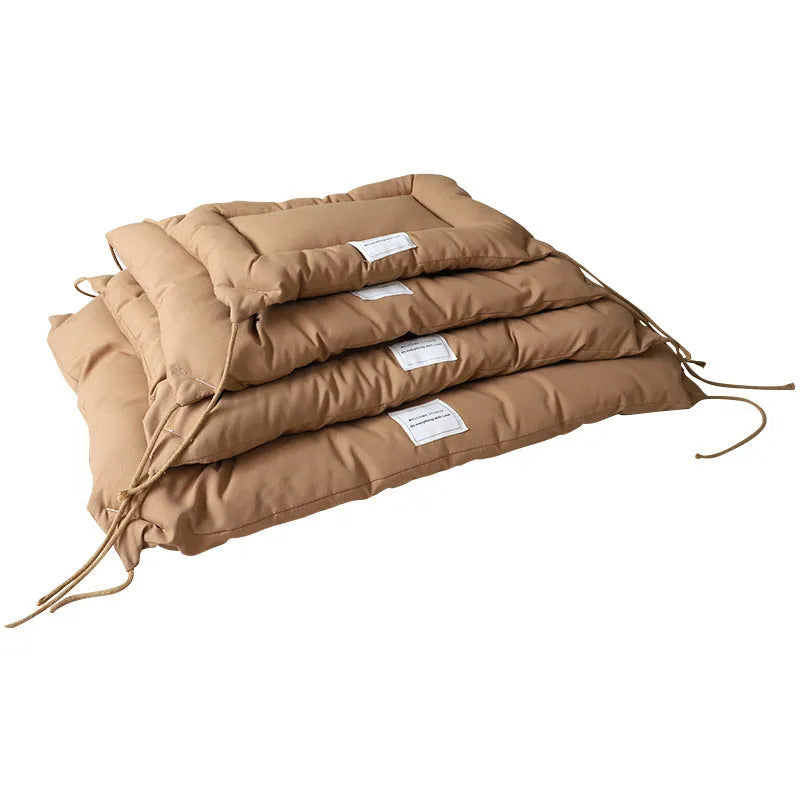 Tied dog cage cushion in beige colour showing platform design and attachment ties for metal pet cages