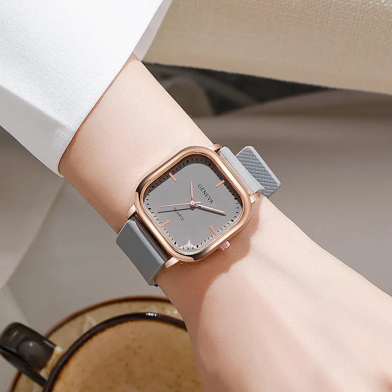Women's square dial quartz watch with rose gold finish, 30mm alloy case, and green plastic strap