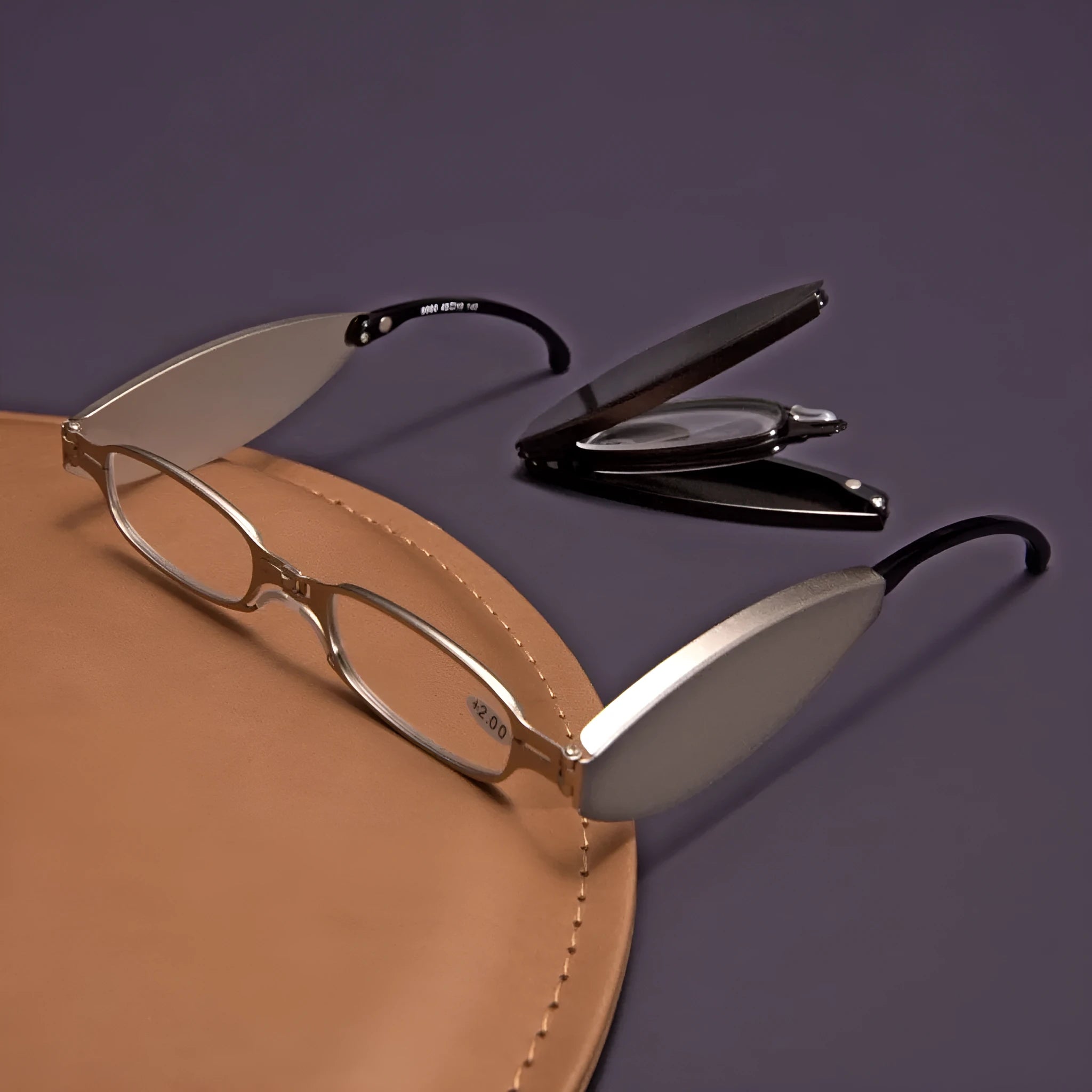 Folding presbyopic glasses in black retro frame showing folded and open positions