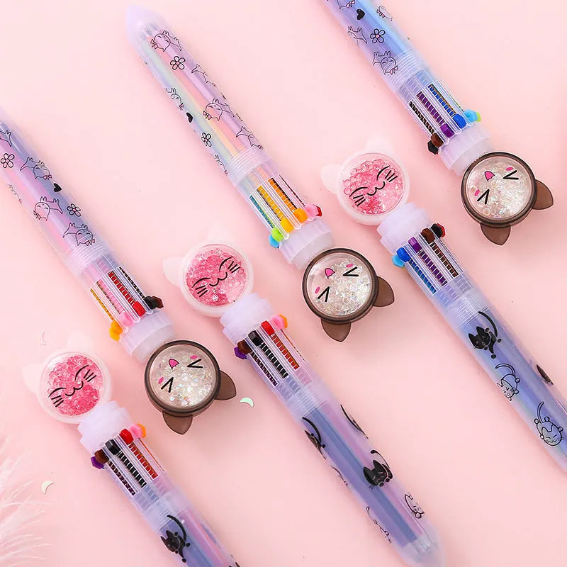 Cute cat design ten-colour 0.5mm push-type mechanical pencil, 15cm length.