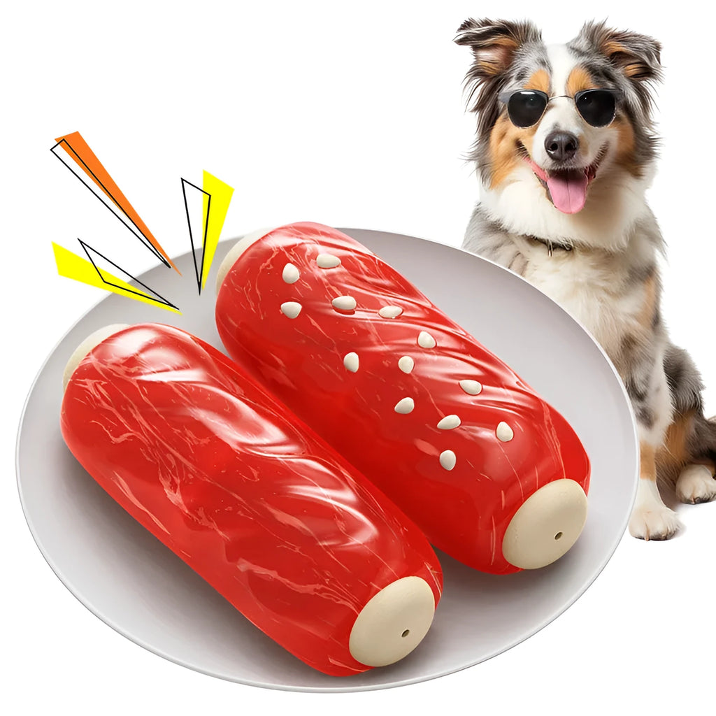 Primary coloured plastic dog chew toy shaped like a textured molar rod and toothbrush.