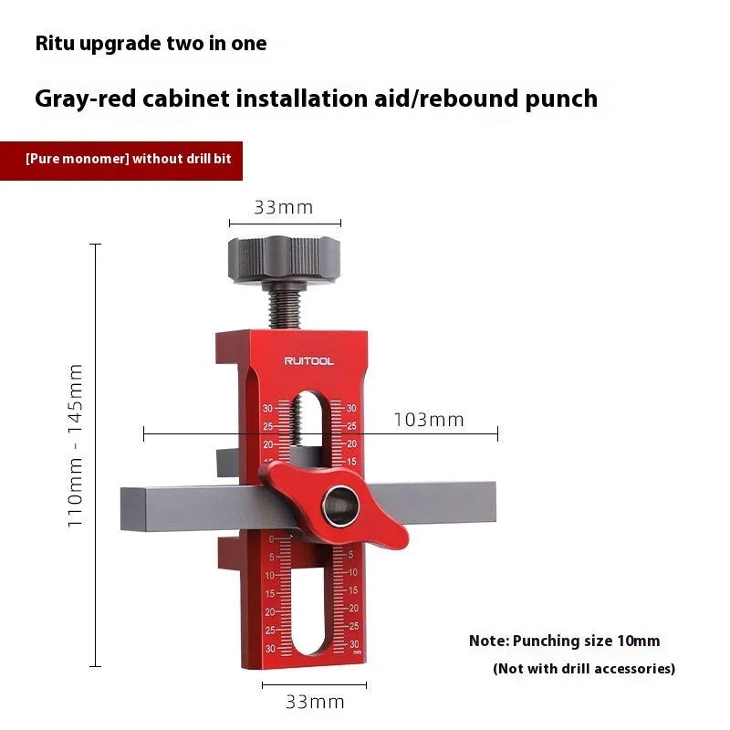Aluminium alloy cabinet door installation aid tool for woodworking projects on a workbench.