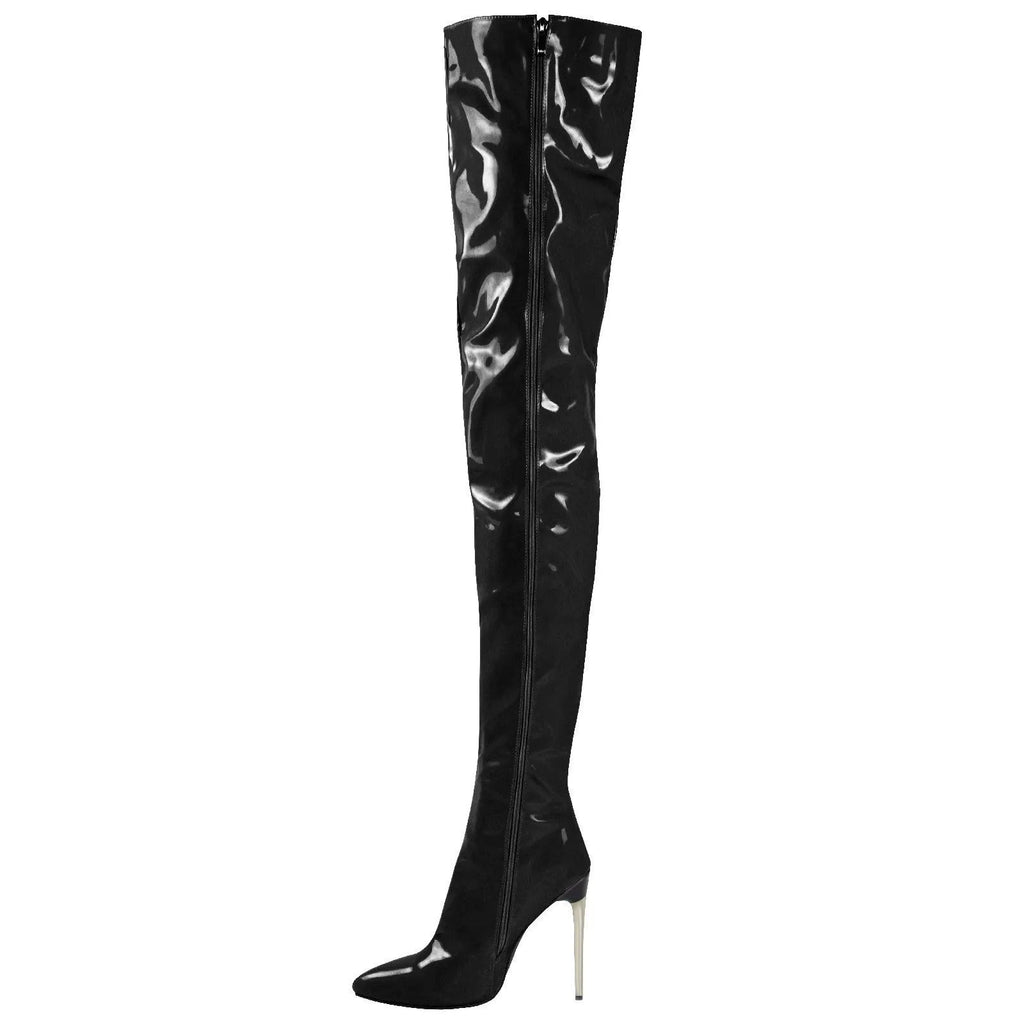 Lady's plus-size over-the-knee fashion boots with metal heels in black, side zipper, size 35-48
