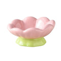 Pink ceramic raised cat bowl with flower shape and non-slip base, 15-degree angle, for small to medium cats