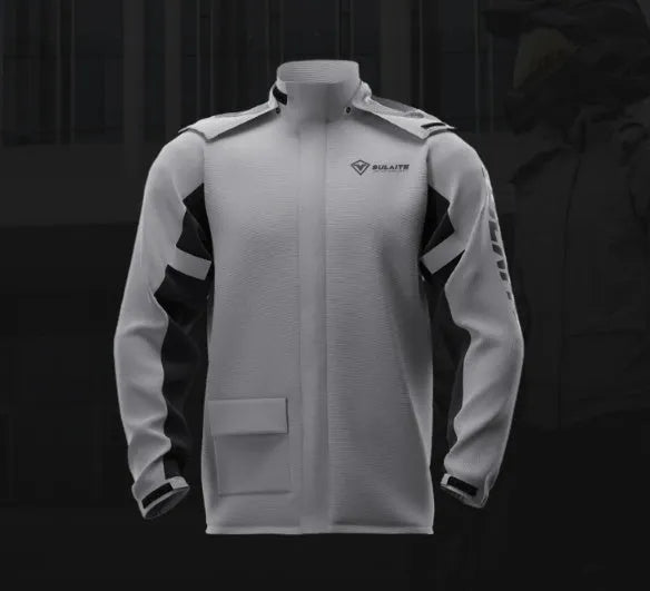 Black motorcycle rain suit with split raincoat, rain trousers, hidden shoe covers, and storage bag laid out