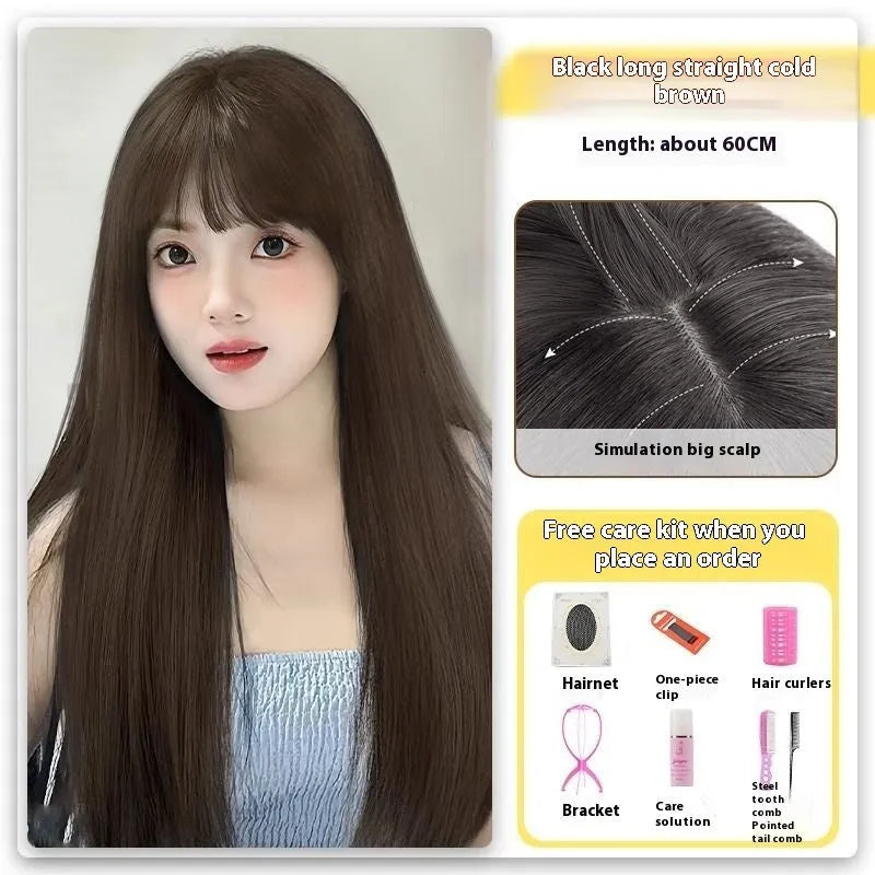 Forehead lace long straight wig with side bangs in high temperature fibre material