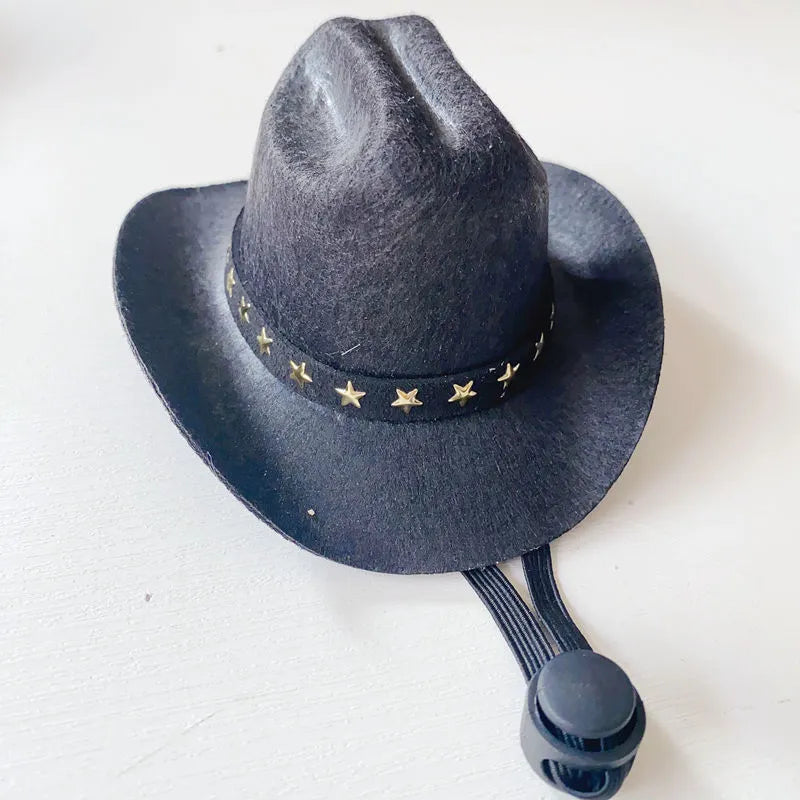 British-style brown cowboy hat for a cat with a black ribbon trim.
