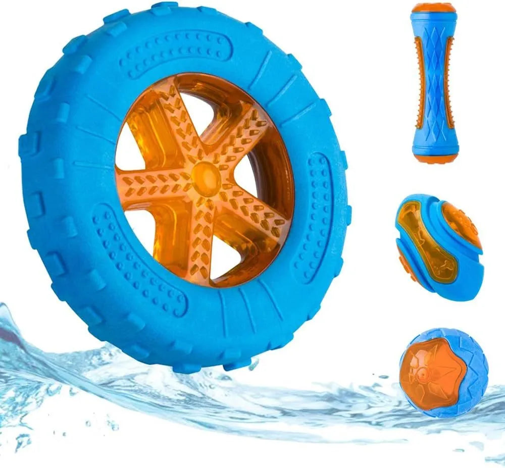 Set of three TPR dog toys: a red ball, a blue barbell, and an orange tire, floating in water.