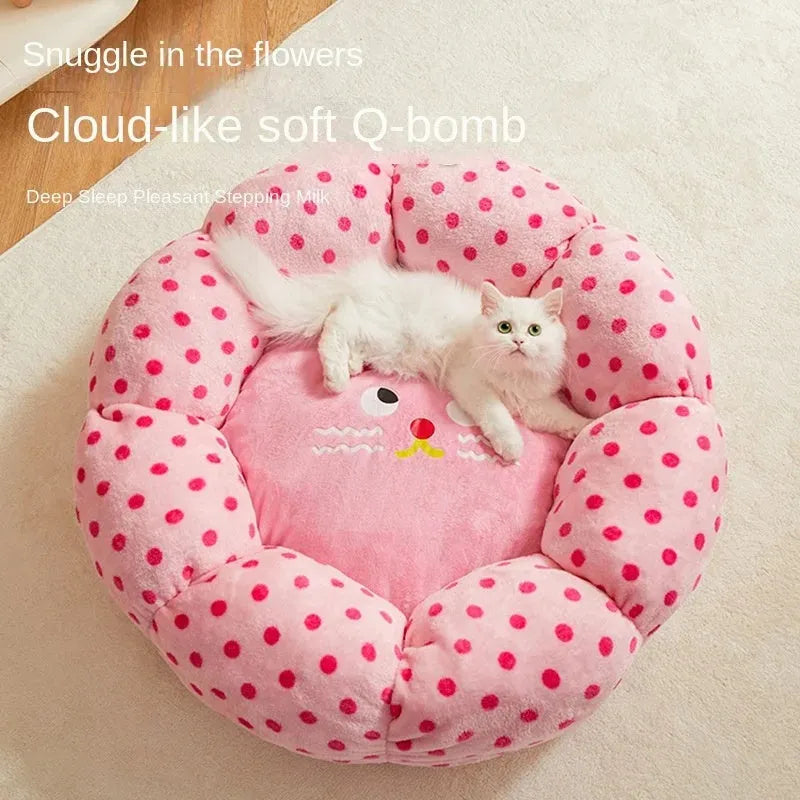 Pink dot fabric cat bed in 45cm and 65cm diameter options for pets up to 20 pounds