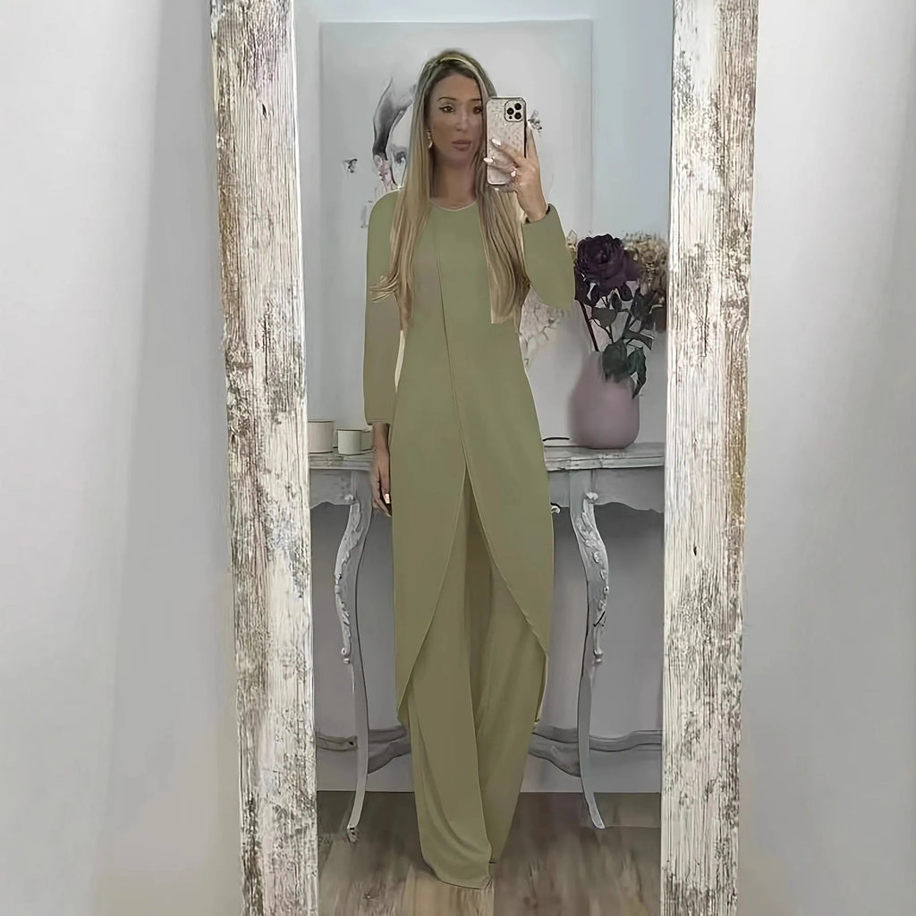 Women's casual two-piece lounge set showing long sleeve top and trousers in loose fit