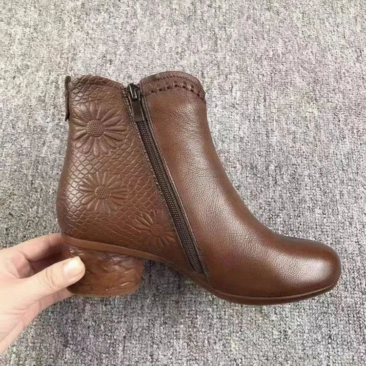 Women's winter ankle boots, brown or black, mid block heel 3-5cm, anti-slip rubber sole, side zipper, sizes 35-40