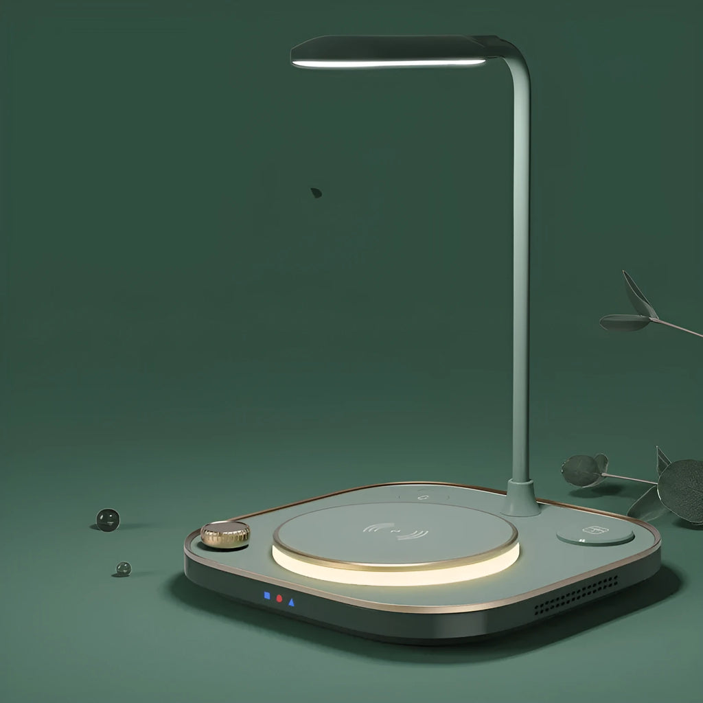 Black three-in-one wireless magnetic charger with desk lamp and Type-C cable on a wood desk