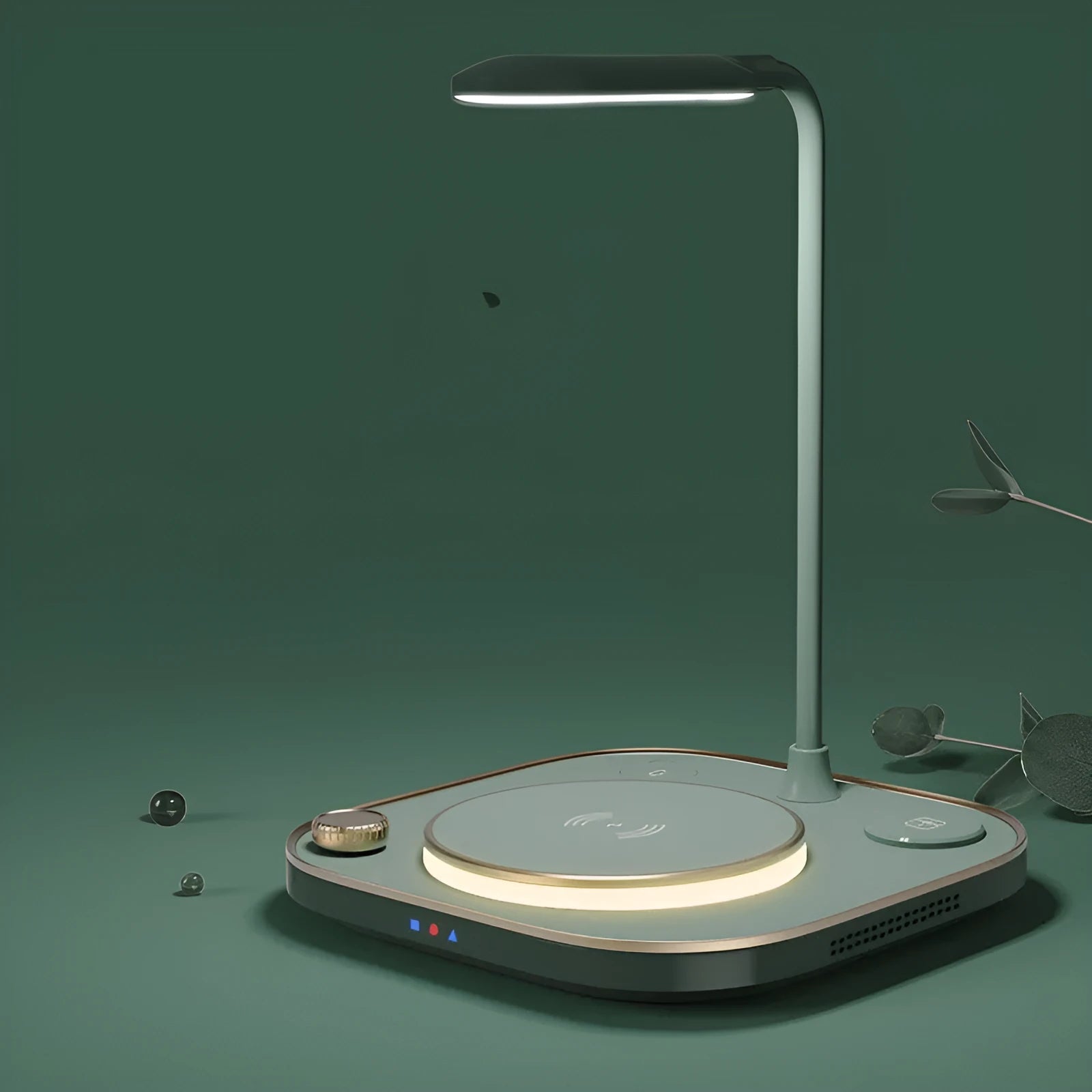 Black three-in-one wireless magnetic charger with desk lamp and Type-C cable on a wood desk