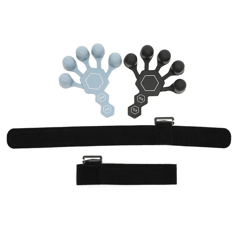 A black or grey silicone five-finger hand trainer for adult grip strength and rehabilitation.
