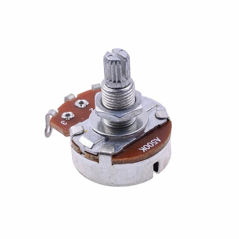 A single metal potentiometer knob for an electric guitar, shown with labels for A500K, B500K, A250K, and B250K variants.