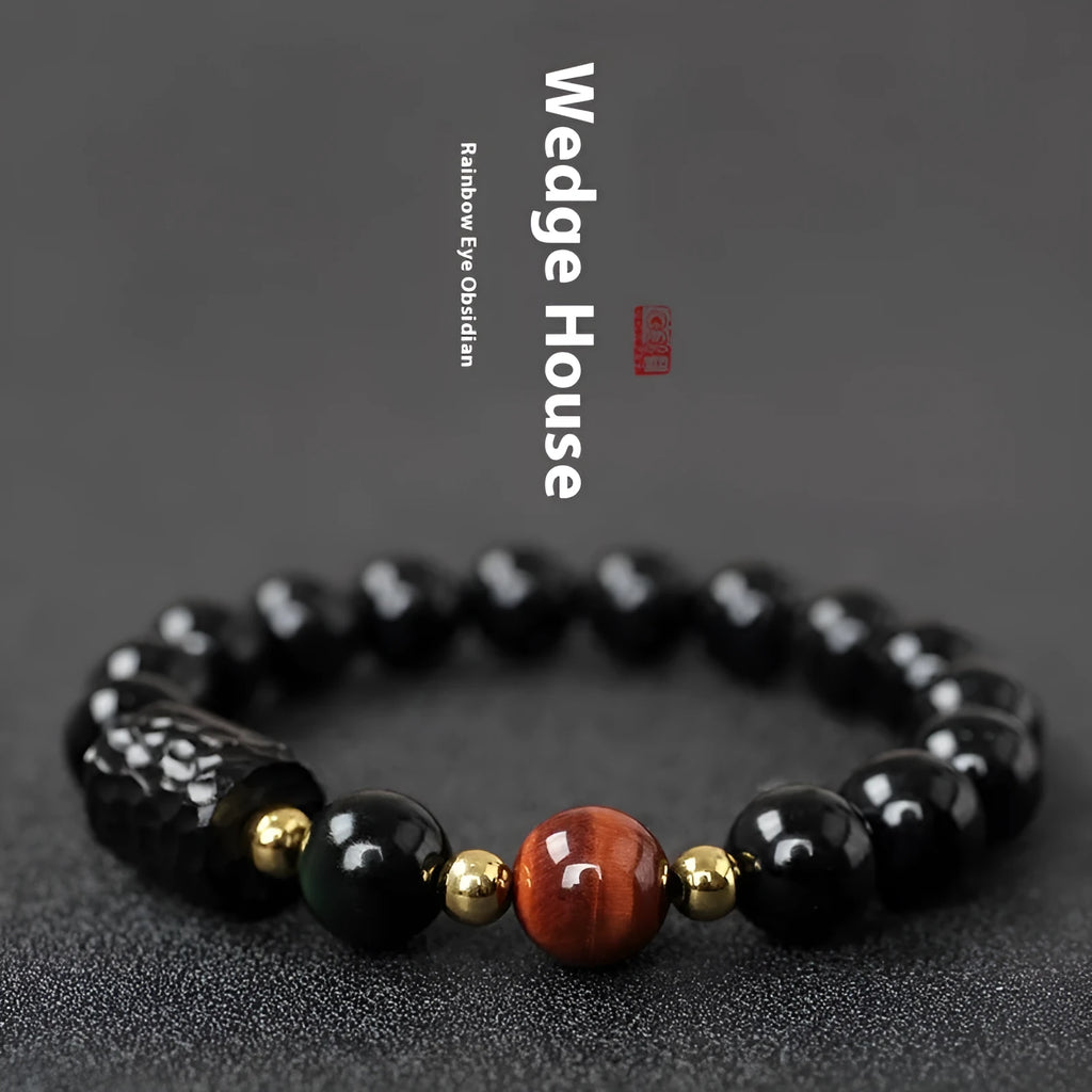 Obsidian and tiger eye bracelet with 10mm beads and circle design