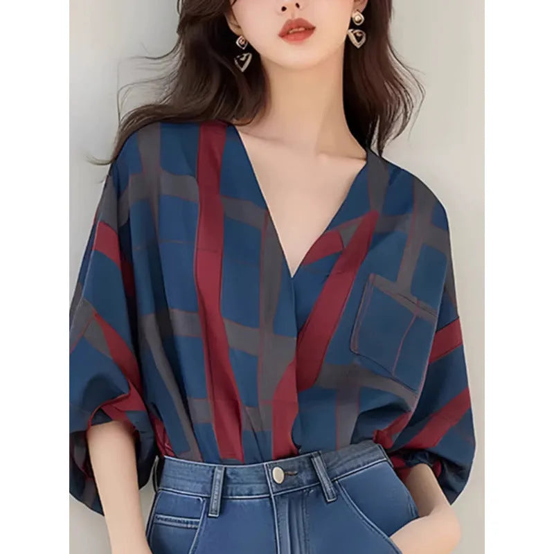 Women's loose polyester pullover top with painted finish and drop-shoulder sleeves in short length, front view