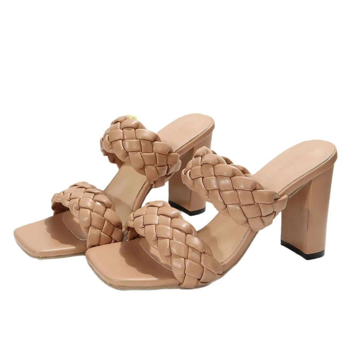 Women's apricot square toe flip flops with woven twisted PU upper and chunky rubber sole.
