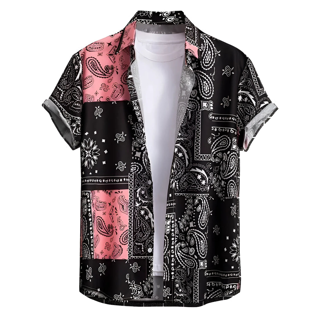 Men's slim fit short sleeve Hawaiian shirt with digital print pattern in elastic fabric.