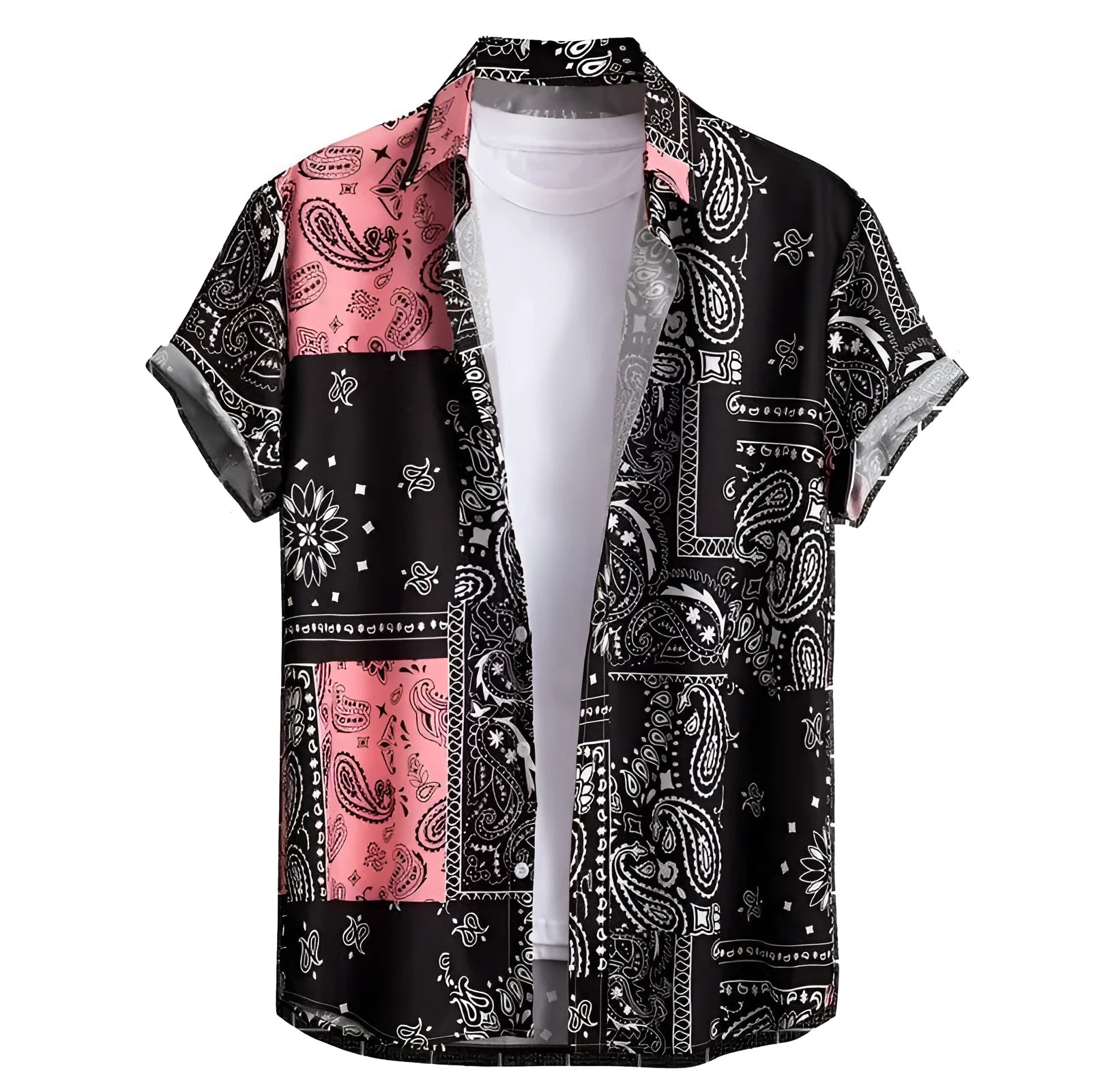 Men's slim fit short sleeve Hawaiian shirt with digital print pattern in elastic fabric.