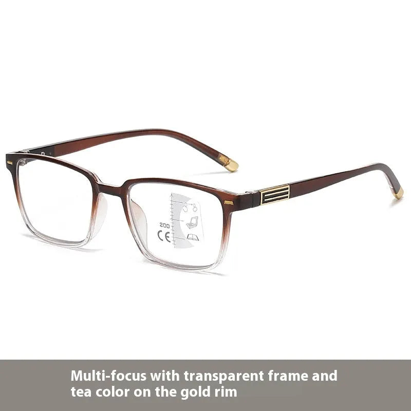 Multifocal anti-blue light reading glasses with colour-changing lenses in a black and silver frame style.