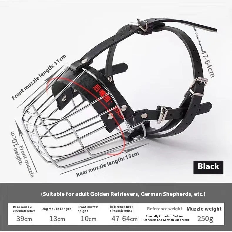 Black metal dog muzzle for a golden retriever or German shepherd.