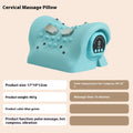 Blue-green cervical spine massage pillow showing EMS technology and hot compress function