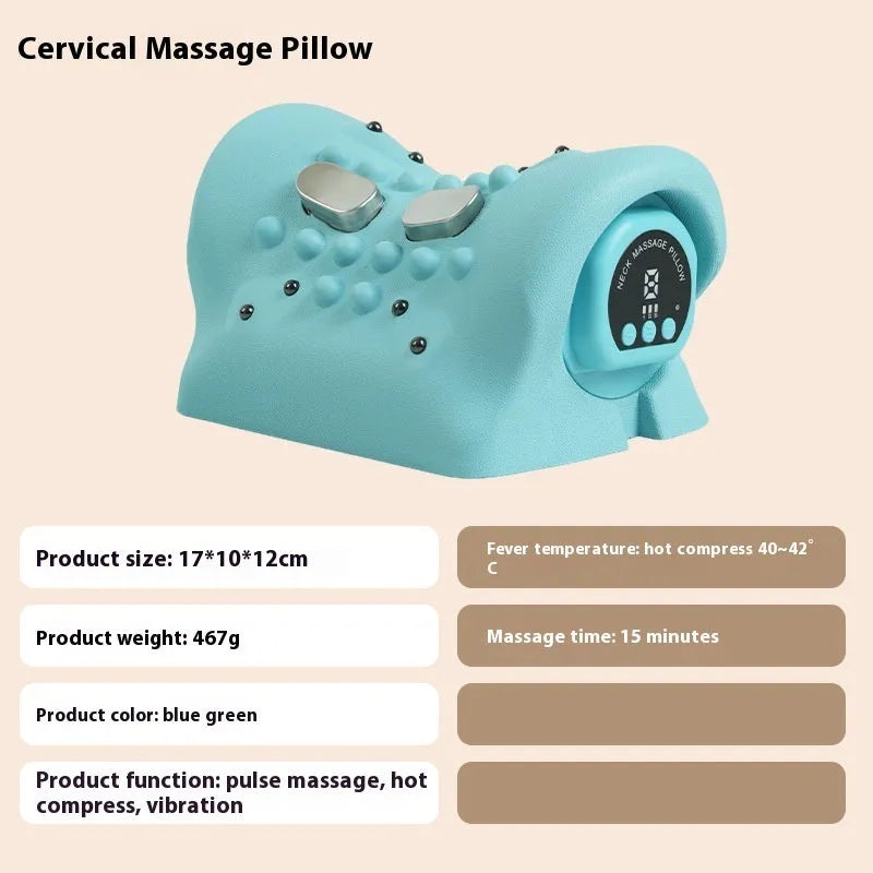 Blue-green cervical spine massage pillow showing EMS technology and hot compress function