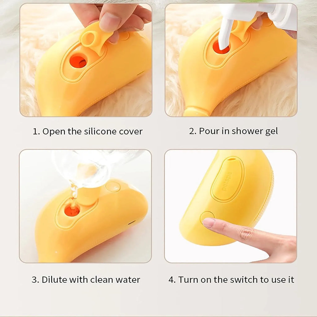 Green rechargeable cat steam brush with silicone teeth and paw-shaped ends for detangling, massage, and steam cleaning