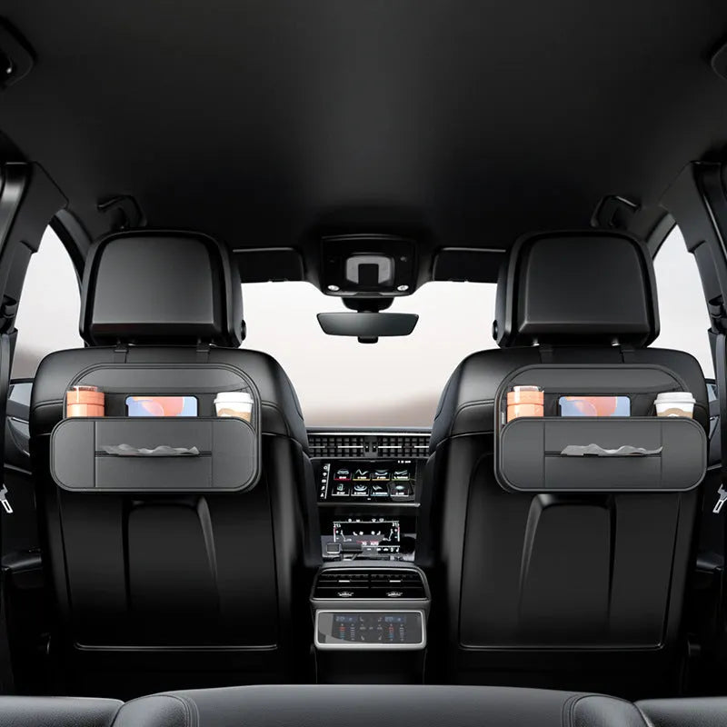 Black leather car seat back storage organiser bag with customisable pockets