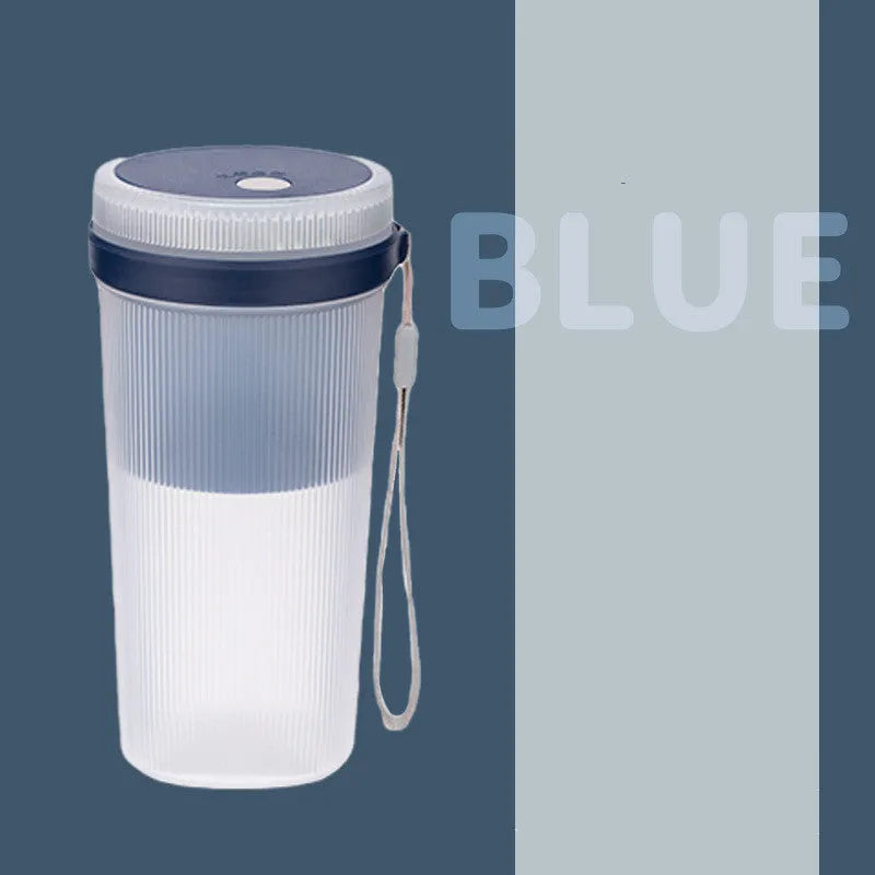 Blue portable blender cup with USB charging cable and stainless steel blending blades