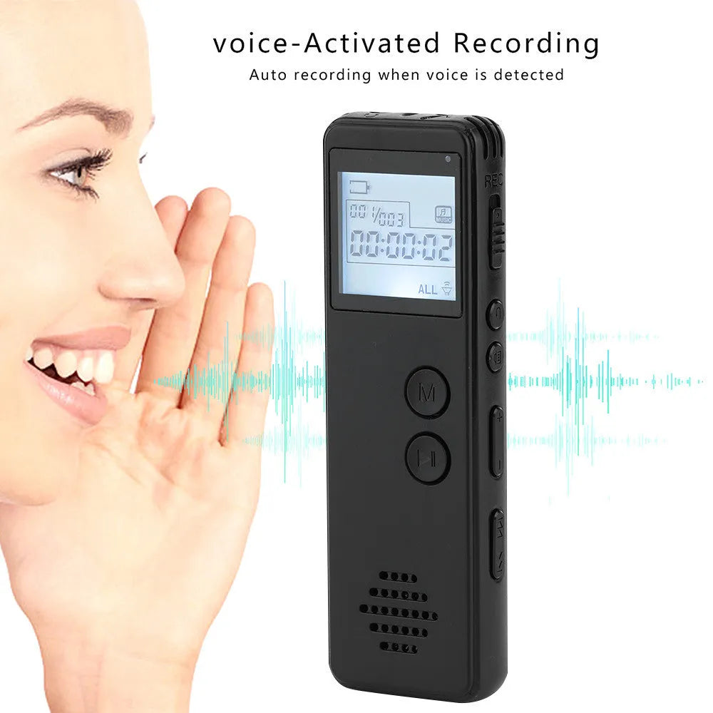 Black matte-finish digital voice recorder with screen, shown next to a memory card and USB cable.