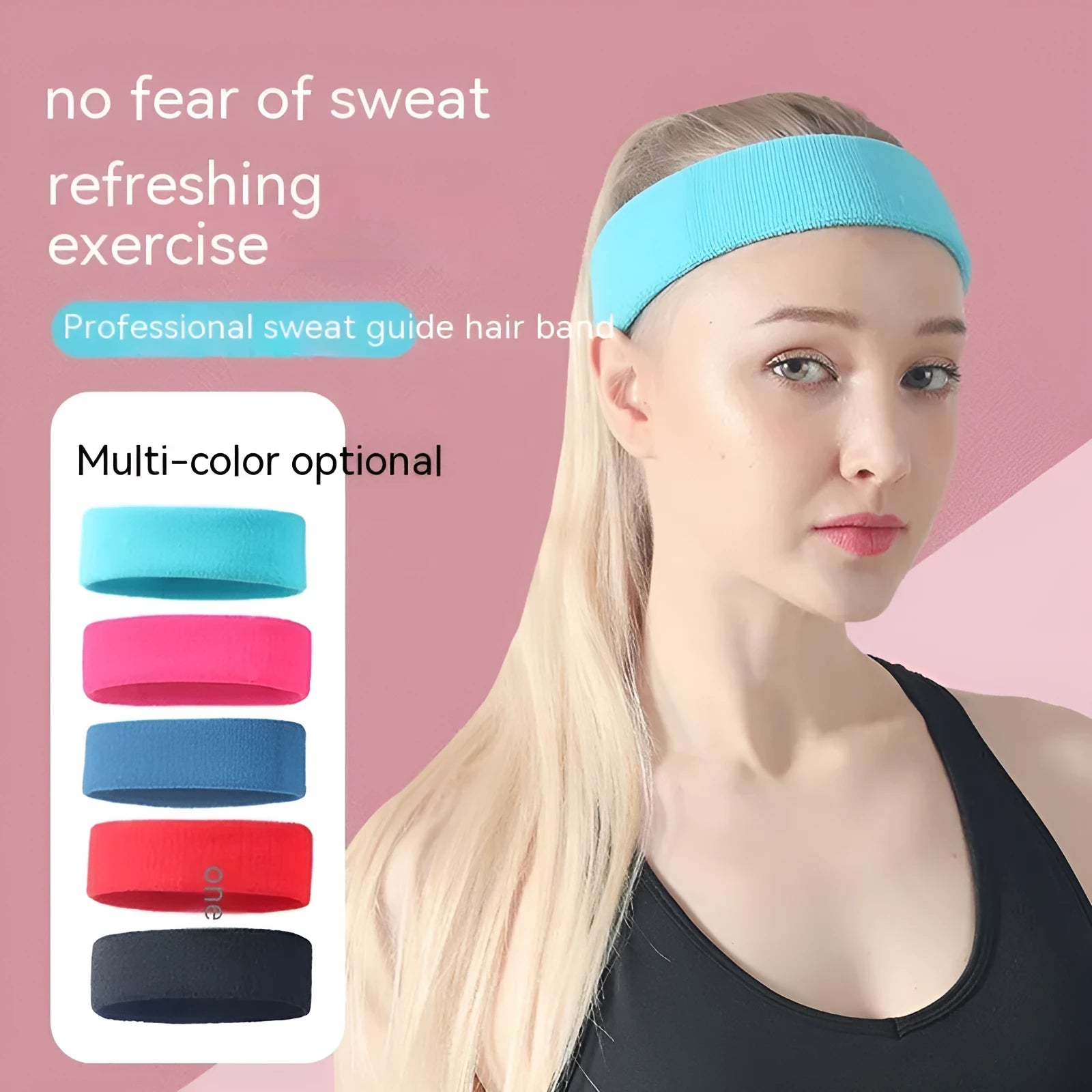 Elastic widened sports sweat band in polyester spandex, shown in one of five available colours.