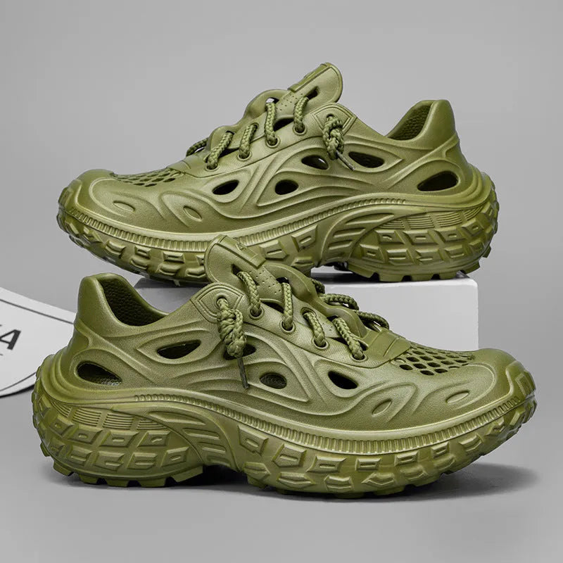 Men's thick sole non-slip sandals in army green with hollow-out design and covered heel.