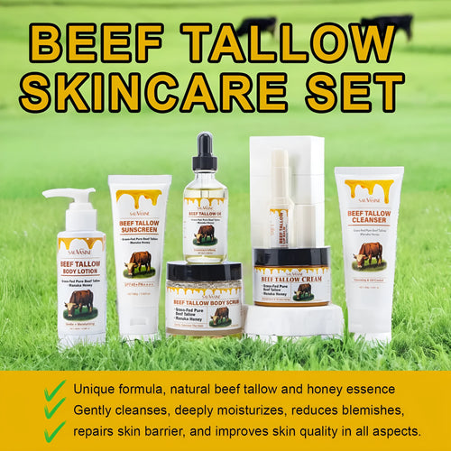 Butter Honey seven-piece skincare set showing facial cleanser, face cream, lip balm, protective cream, body lotion, facial scrub and beef tallow