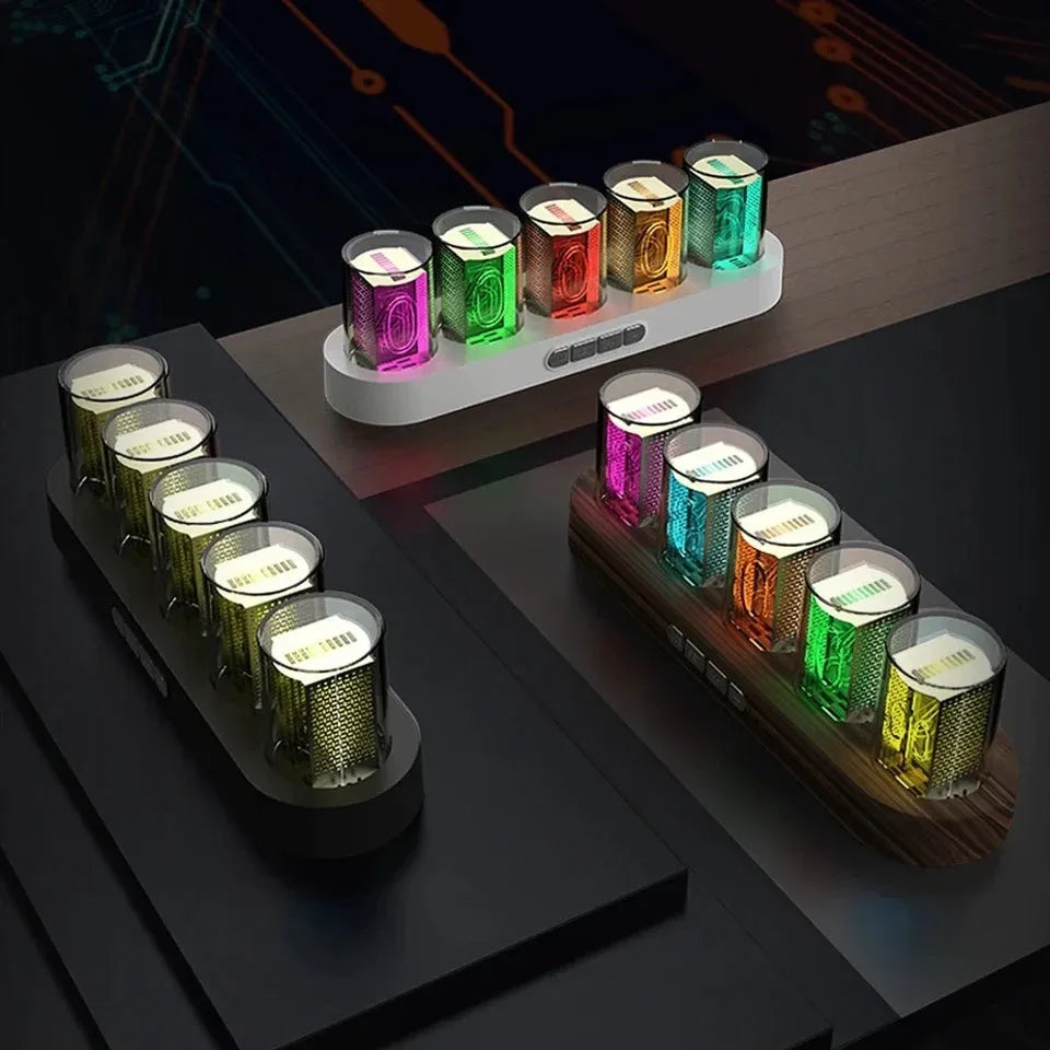 RGB LED digital tube clock displaying time with colourful lighting effects on desk