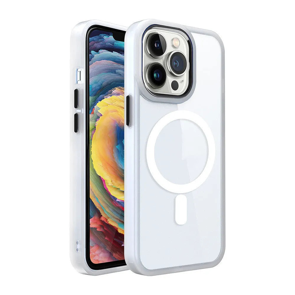 Slim magnetic transparent silicone phone case for iPhone on a MagSafe charger, showing raised edge protection.